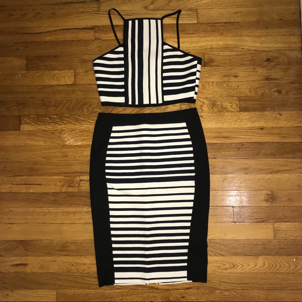 Skirt and Top Set. Navy Blue, Cream, and Black